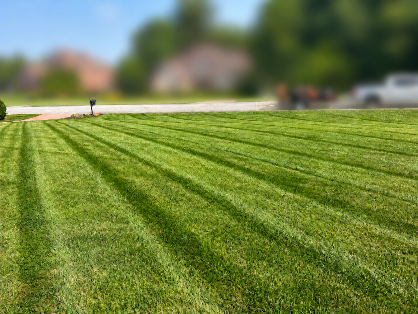 Freshly striped lawn with Moe’s Mowing equipment on site
