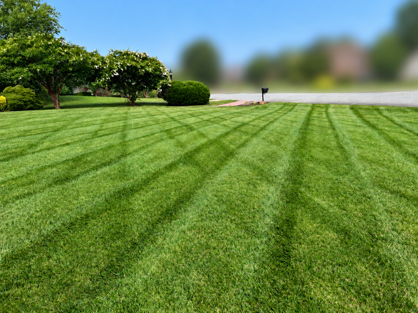 A broad front lawn with even mowing stripes